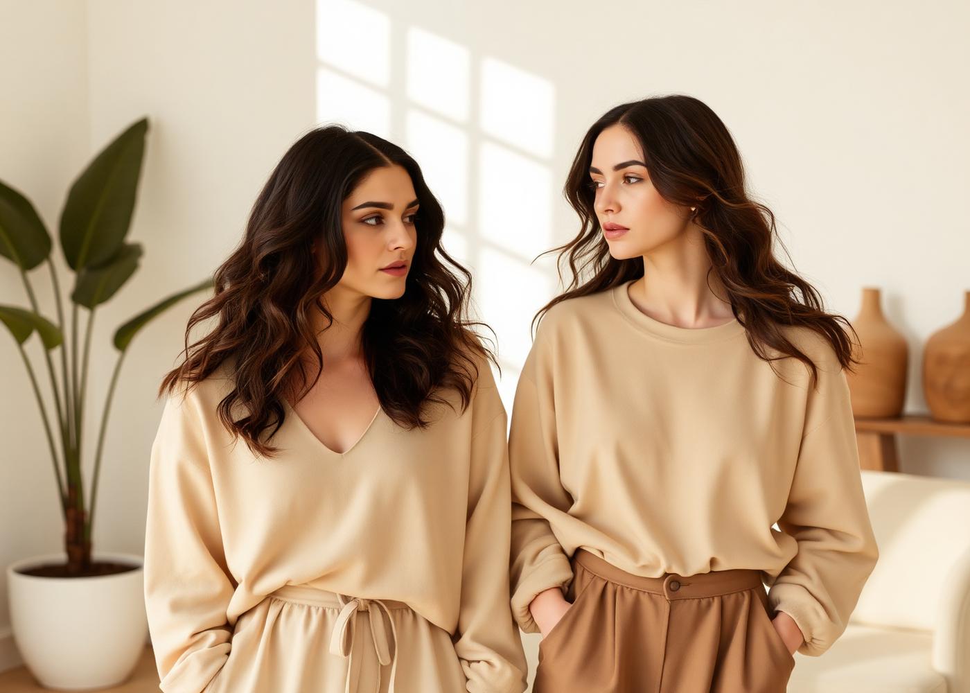 Twee vrouwen in warme neutrale kleding