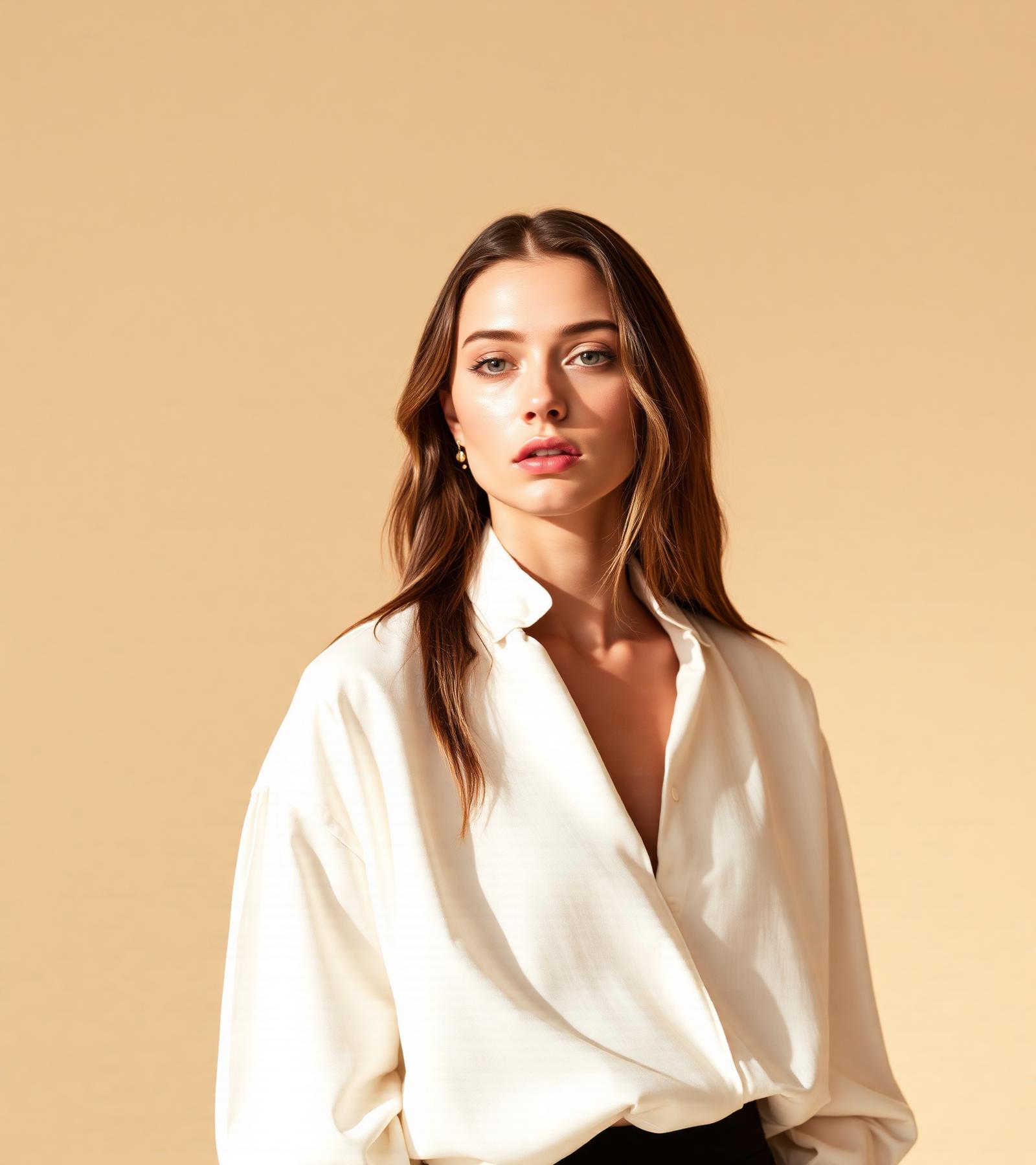 Model draagt een cream oversized blouse van Cloosee